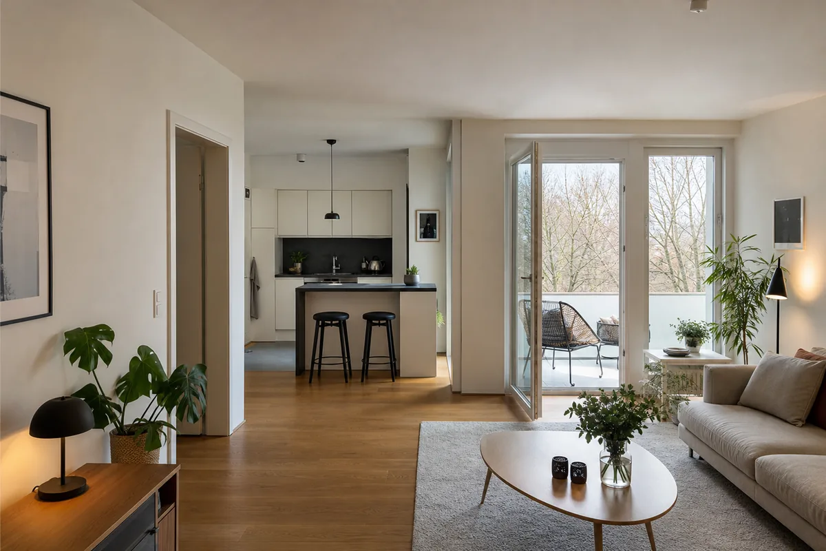 Natürlich fotografierter Wohnraum mit Küche und Blick ins Freie